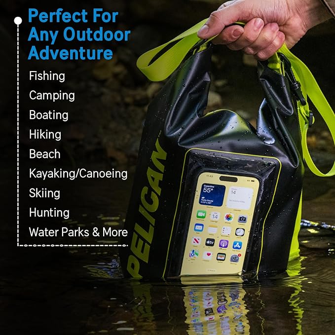 Pelican Marine IP68 Waterproof Dry Bag 5L - Roll Top Waterproof Backpack w/Phone Case/Pouch - Boating & Kayak Accessories - Essentials for Camping Swimming Beach Fishing Rafting Travel - Black/Yellow