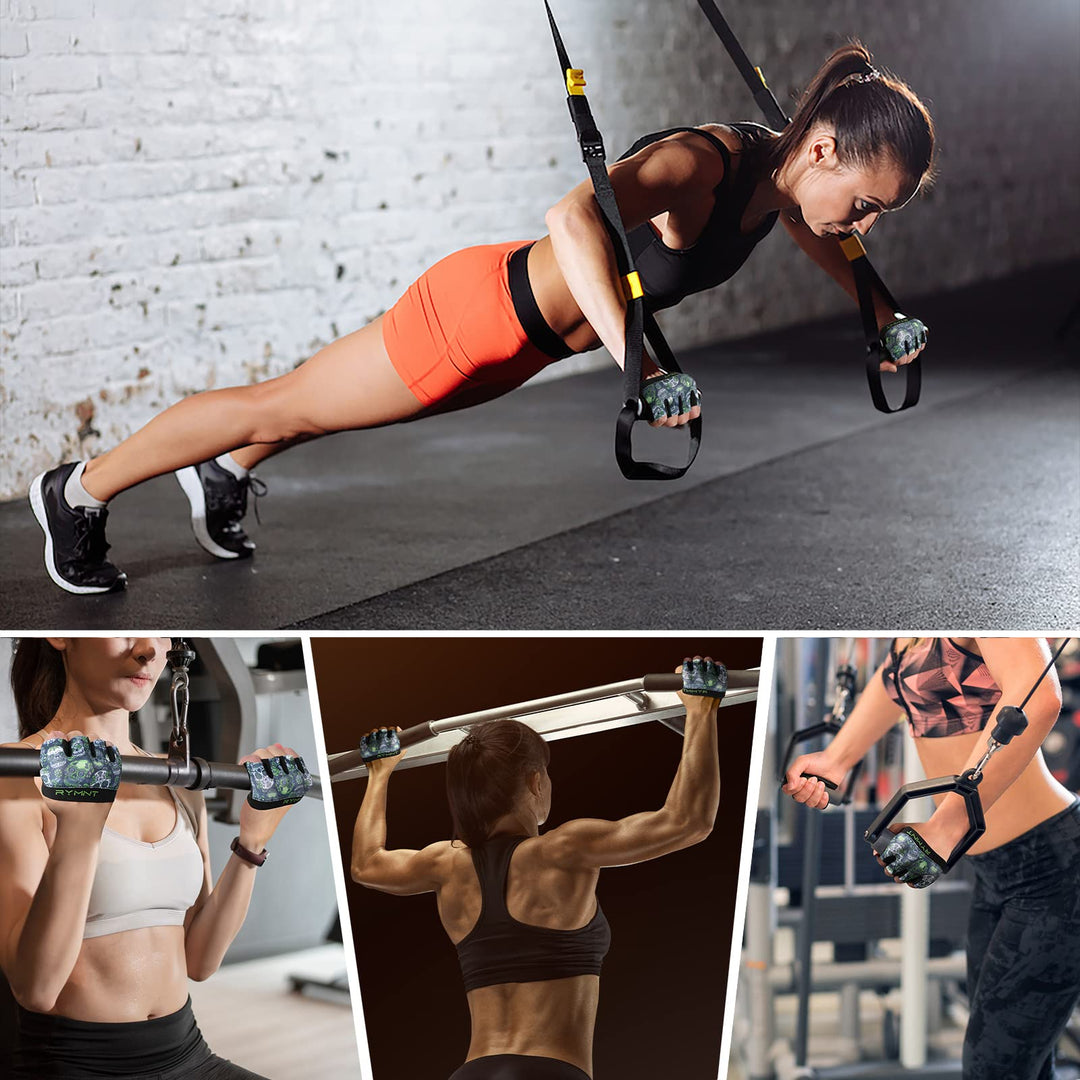 RYMNT Minimal Workout Gloves,Short Micro Weight Lifting Gloves Grip Pads with Full Palm Protection & Extra Grip for Men Women Weightlifting,Gym,Cross Training,Powerlifting,WODs.Skull Green.Small