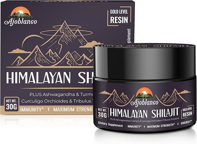 Ajoblanco 600mg Shilajit Pure Himalayan Organic Shilajit Resin - Himalayan Shilajit Resin with Organic Ayurvedic Blend in High Potency for Energy, Strength & Immunity, Pack of 4
