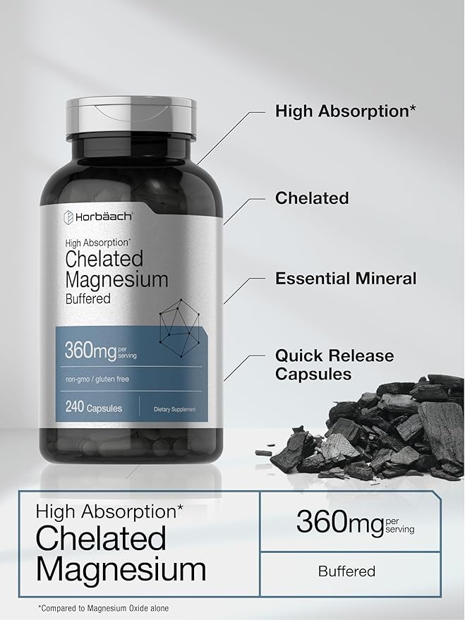 Horbäach Chelated Magnesium | 360mg | 240 Capsules | Non-GMO & Gluten Free Supplement
