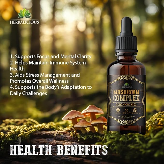 Mushroom Complex Supplement – 8 Mushroom Blend for Focus, Memory & Immune Support – High Potency 120,000mg Mushroom Supplement with Lion’s Mane, Reishi, Cordyceps, Chaga – 4 fl oz