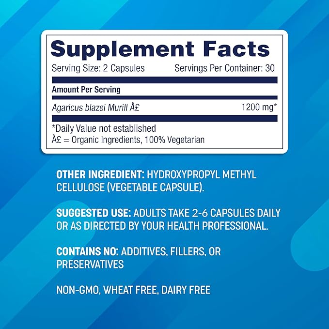Agaricus Bio 600 mg Wellness Formula, Natural Killer Cell Activity -USA-Grown Organic Agaricus Blazei Murill Mushroom for Immune Support, Liver & Cellular Health, High Beta Glucan Supplements, 60 Caps