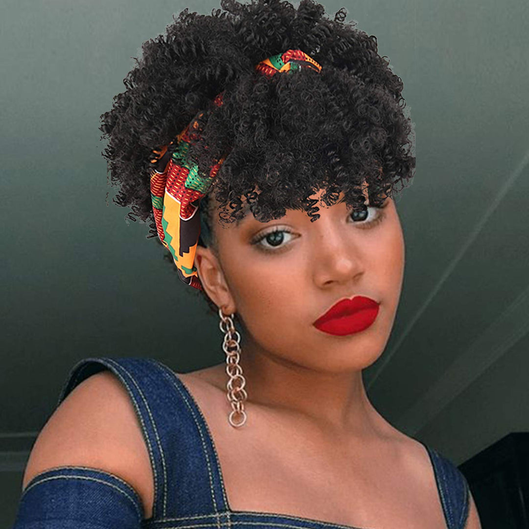 Aisaide Headband Wrap Wigs For Black Women,Synthetic Short Afro Kinky Curly Black Wig With Bangs Scarf Wig Wrap Wigs 2 In 1 Afro