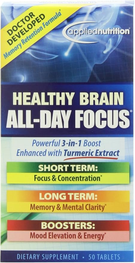 Applied Nutrition Healthy Brain All-Day Focus - 50 Tablets - Powerful 3-in-1 Brain Booster with Turmeric Extract - 25 Servings