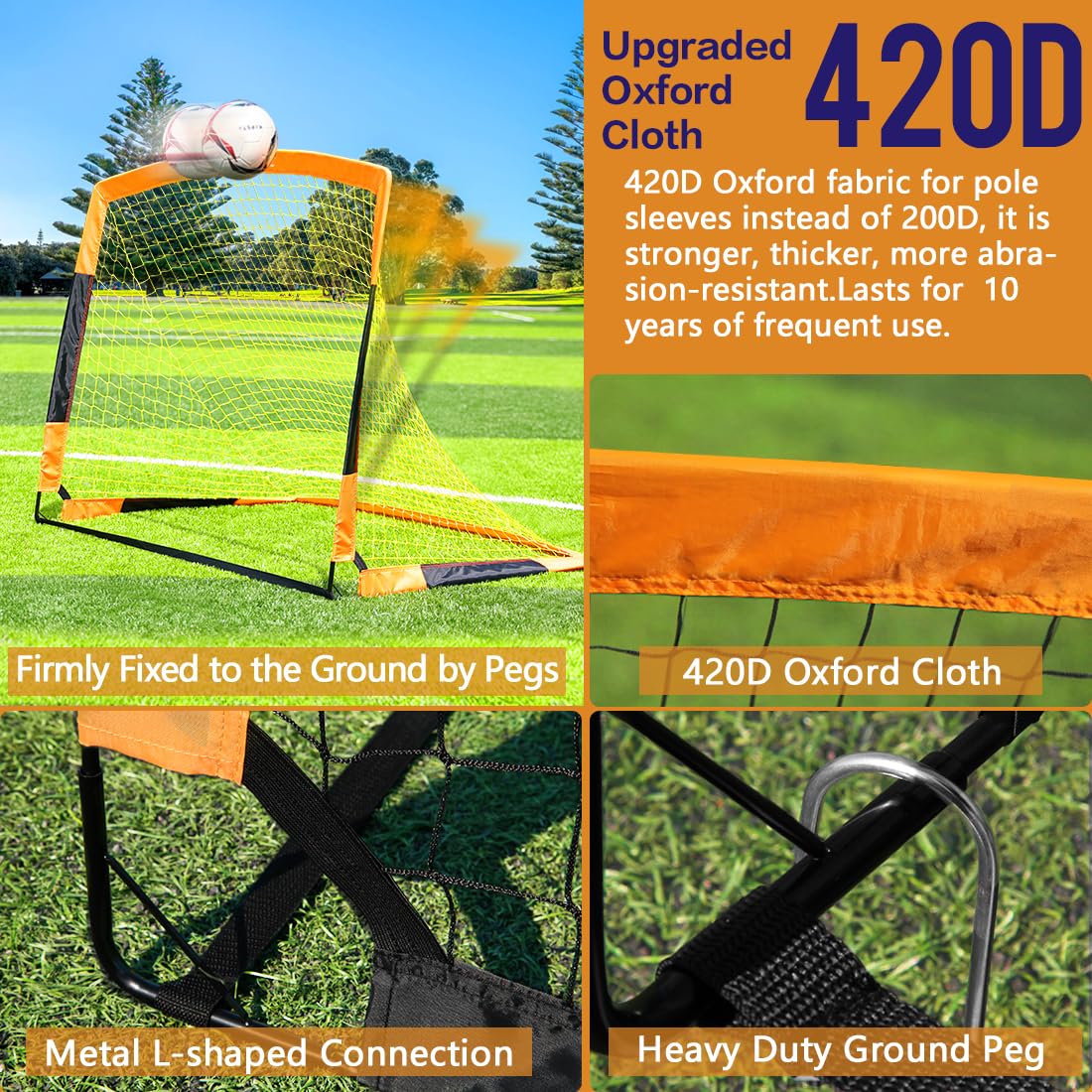 Dimples Excel Soccer Goals Kids Soccer Net for Backyard (5x3.6 FT 2 Set, Orange Black)
