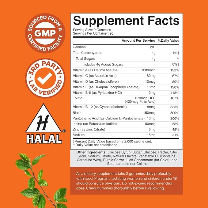 Potent Daily Multivitamin Gummies for Adults - Wellness Blend of Vitamin D A C E B12 Zinc and Biotin - Adult Vitamin Gummy for Energy and Immune Health - Non-GMO Gluten Free and Halal - 180 Gummies