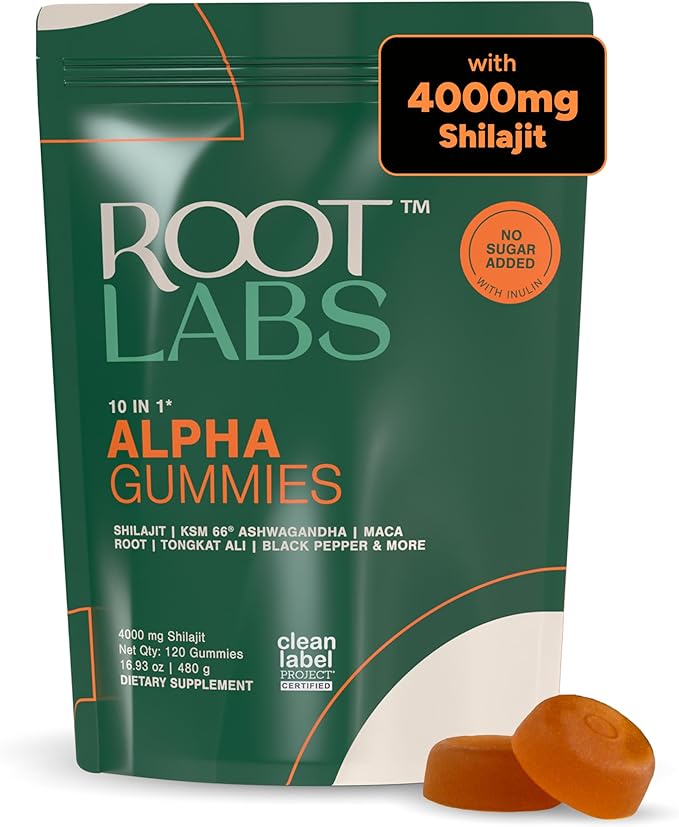 Root Labs10-1 Alpha Gummies | 4000 mg Shilajit I KSM 66 Ashwagandha | Maca Root| Tongkat Ali | No Added Sugar | GMO Free I Vegan I Clean Lab Project Certified I 120 Gummies