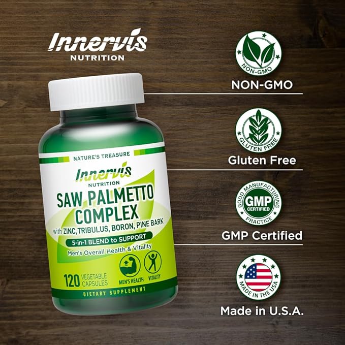 Saw Palmetto Complex 120 Vegetable Capsules for Men Prostate Support Urinary Health Zinc, Tribulus, Boron, Pine Bark 5-in-1 Blend Supplement