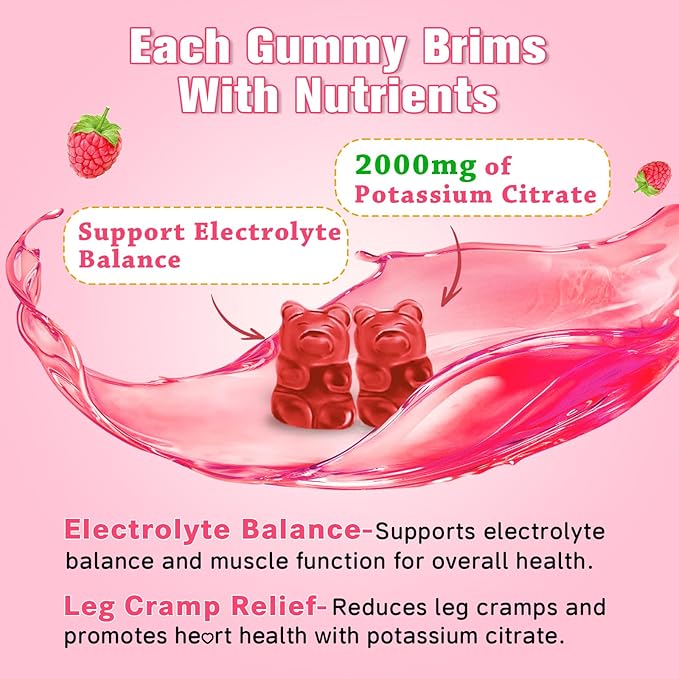 Potassium Citrate Gummies – Potassium Supplement for Muscle Health, Leg Cramp Relief & Electrolyte Balance, Vegan, Non-GMO, Gluten-Free, Raspberry Flavor, 60 Count