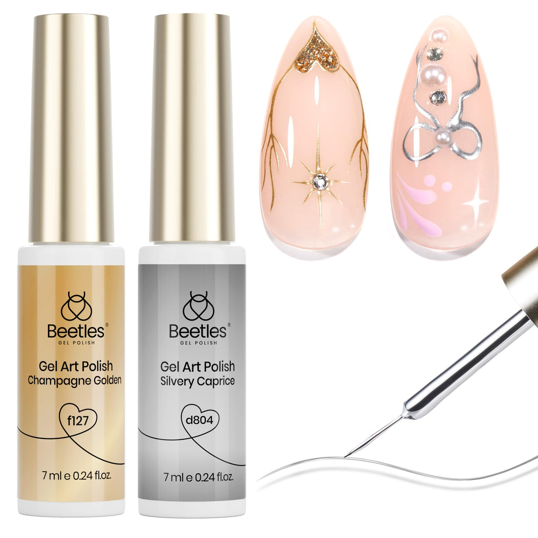 Beetles Metallic Gel Nail Polish Liner Set Silver Bronze Gold 2pcs Gel Liner Nail Art Chrome 3D High-Gloss Effect for Nail Paint Design with Thin Brush DIY French Manicure Curing Requires at Home