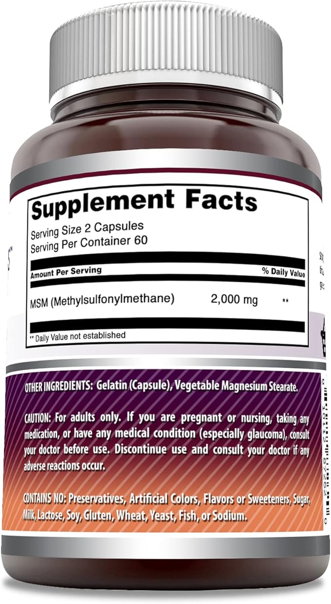 Amazing Formulas MSM (Methylsulfonylmethane) Supplement | 2000 Mg per Serving | 120 Capsules | Non-GMO | Gluten-Free | Made in USA