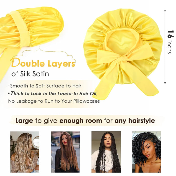 Silk Sleeping Bonnet for Women | Double Layer Satin Lined | Curly Hair | Yellow