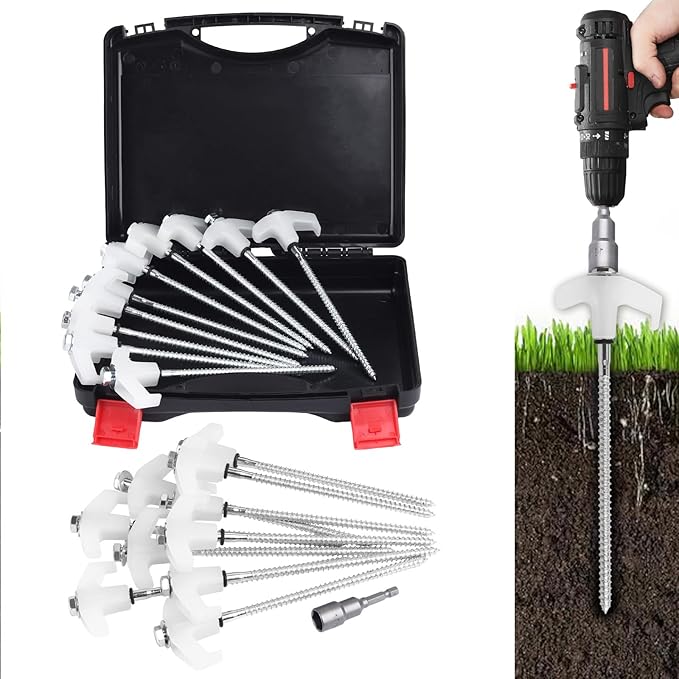 12 Pack 8" Screw in Tent Stakes for Drilling with Hex Heads - Heavy Duty Stainless Steel Tent Pegs/Nails/Spikes, Ground Anchors, Grow in Dark - for Camping, Grassland, Portable Box (White)