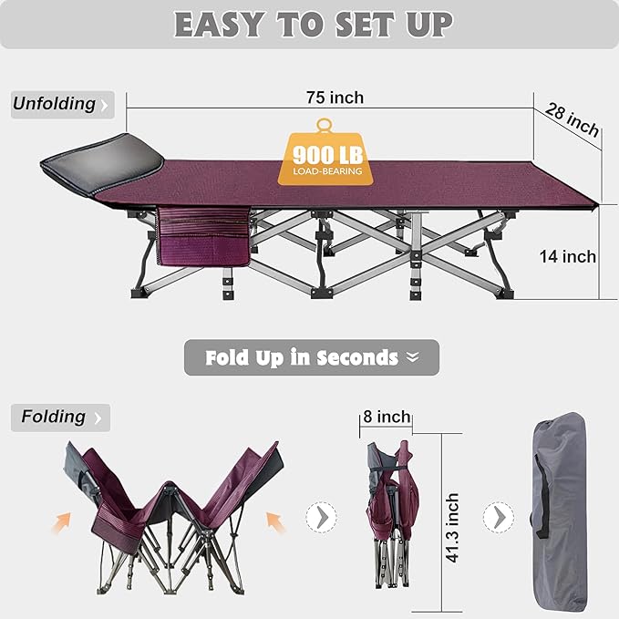 ABORON 2 Pack Folding Camping Cot W/Mat for Adults, Heavy Duty Outdoor Bed with Carry Bag,1200 D Layer Oxford Travel Camp Cots