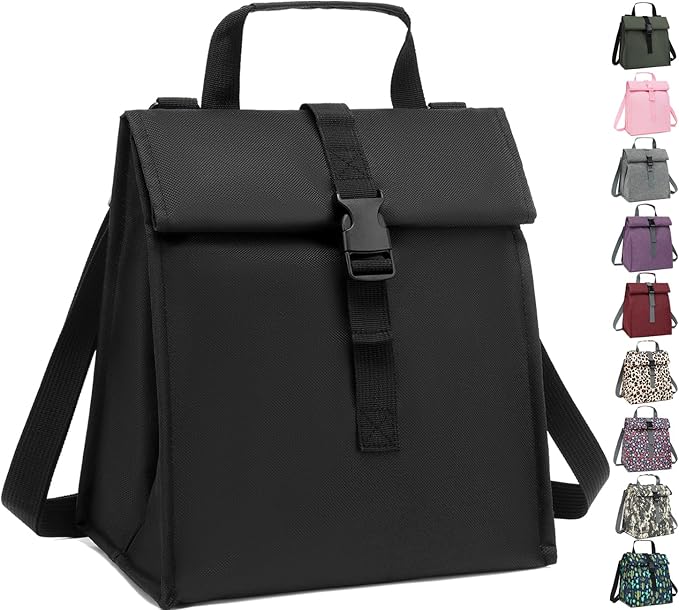 Insulated Lunch Bag for Men/Women/Kids, Roll top Reusable Lunch Box with Adjustable Shoulder Strap, Thermal Lunch Cooler Tote Container for Adults/Teens School Work Office Picnic,Black