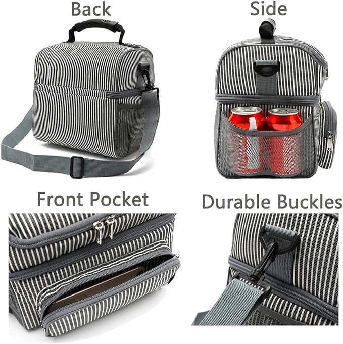 FlowFly Double Layer Cooler Insulated Lunch Bag Adult Lunch Box Large Tote Bag for Men, Women, With Adjustable Strap,Front Pocket and Dual Large Mesh Side Pockets