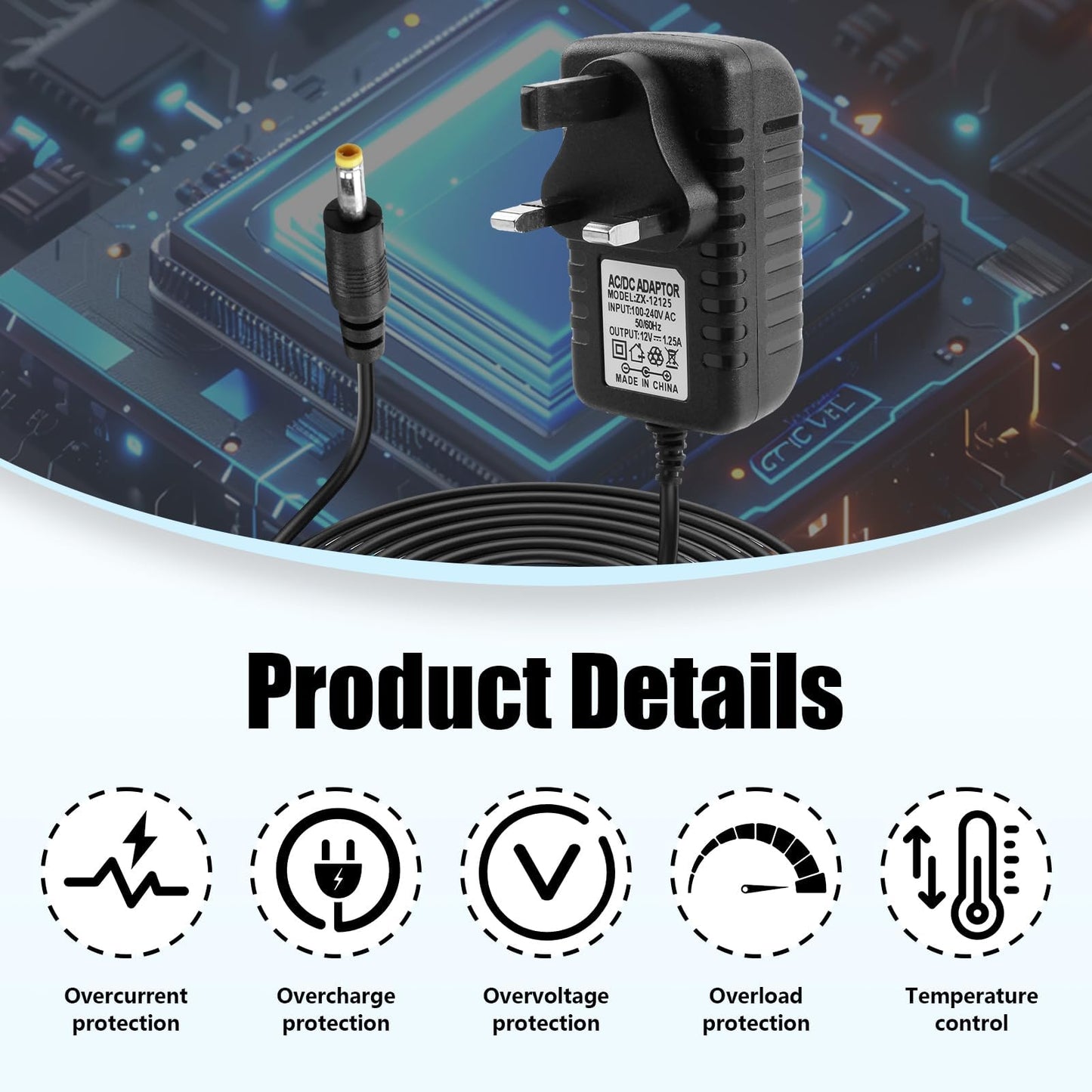 12V 1.25A Power Supply Charger， Compatible with Echo Dot 3rd/4th/5th Gen and Echo Dot with Clock 15W Power Cable Adapter with 4.0x1.7mm Plug for Smart Devices Durable 6.5FT Cord for Home or Office