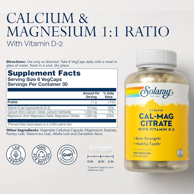 SOLARAY Calcium Magnesium Citrate 1:1 Ratio w/Vitamin D 2 - Calcium Supplements for Women and Men - Calcium 1000mg, Magnesium 1000mg - Bone Health Support - 60-Day Guarantee, 30 Servings, 180 VegCaps