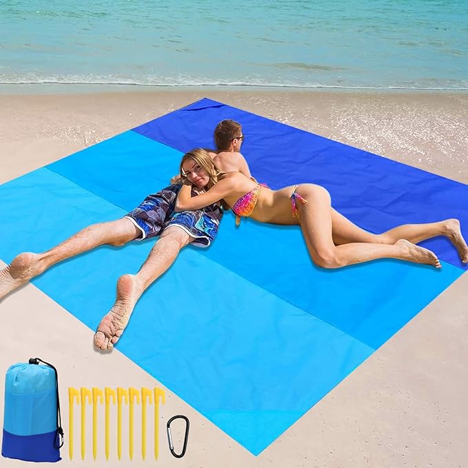 Beach Blanket Waterproof Sandproof Beach Mat 79" X 83" for 2-7 Adults Lightweight Quick Drying Outdoor Picnic Mat Beach Accessories for Travel, Picnic,Camping,Hiking (Blue)