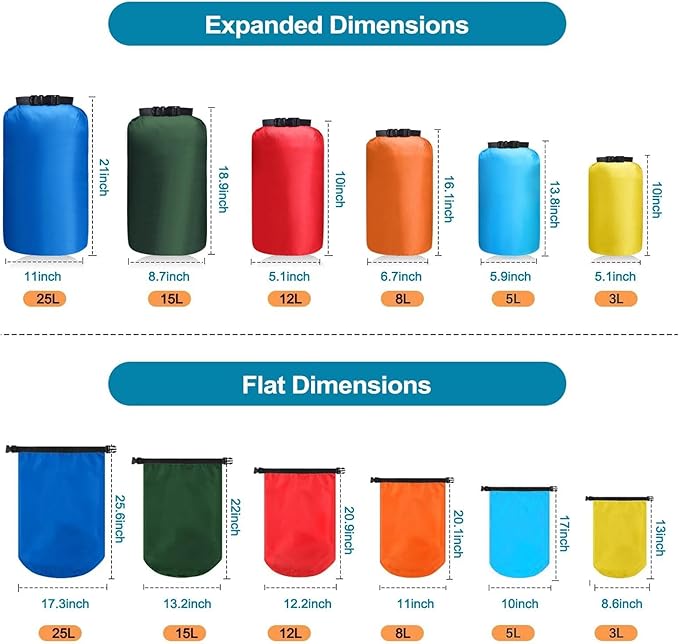 6 Pcs Dry Bags Waterproof，Lightweight dry bags for kayaking waterproof，Multi-Size Outdoor dry sack Waterproof Bag for Boating, Beach, Hiking（3L,5L,8L,12L,15L,25L）