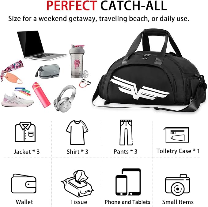 FIORETTO 30L Sports Gym Duffle Bag with Wet Pocket & Shoe Compartment, Weekender Hospital Overnight Bag for Women, Sports Holdall Backpack