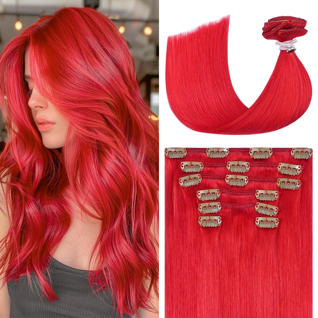UGOTRAYS Red Hair Extensions Real Human Hair, Clip in Hair Extensions 70g 7pcs 12 inch,Soft & Natural Straight Double Weft Remy Hair for Women #Red