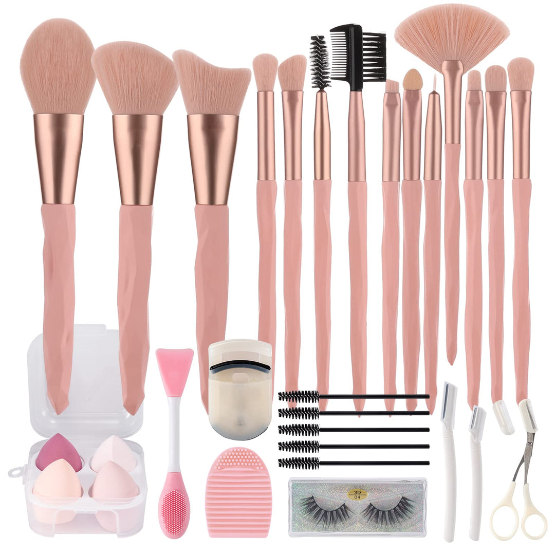 30Pcs Pink Makeup Brushes With Makeup Sponges Makeup Tool Set Makeup Brushes Set Natural Synthetic Eye Shadow Foundation Make-Up