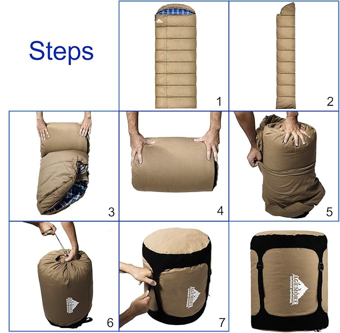 AGEMORE 0 Degree Canvas Sleeping Bag for Fishing, Hunting, Traveling and Camping Particularly in Cold Winter Outdoor with Removable Flannel Liner and Free Compression Sack for Big and Tall Adults