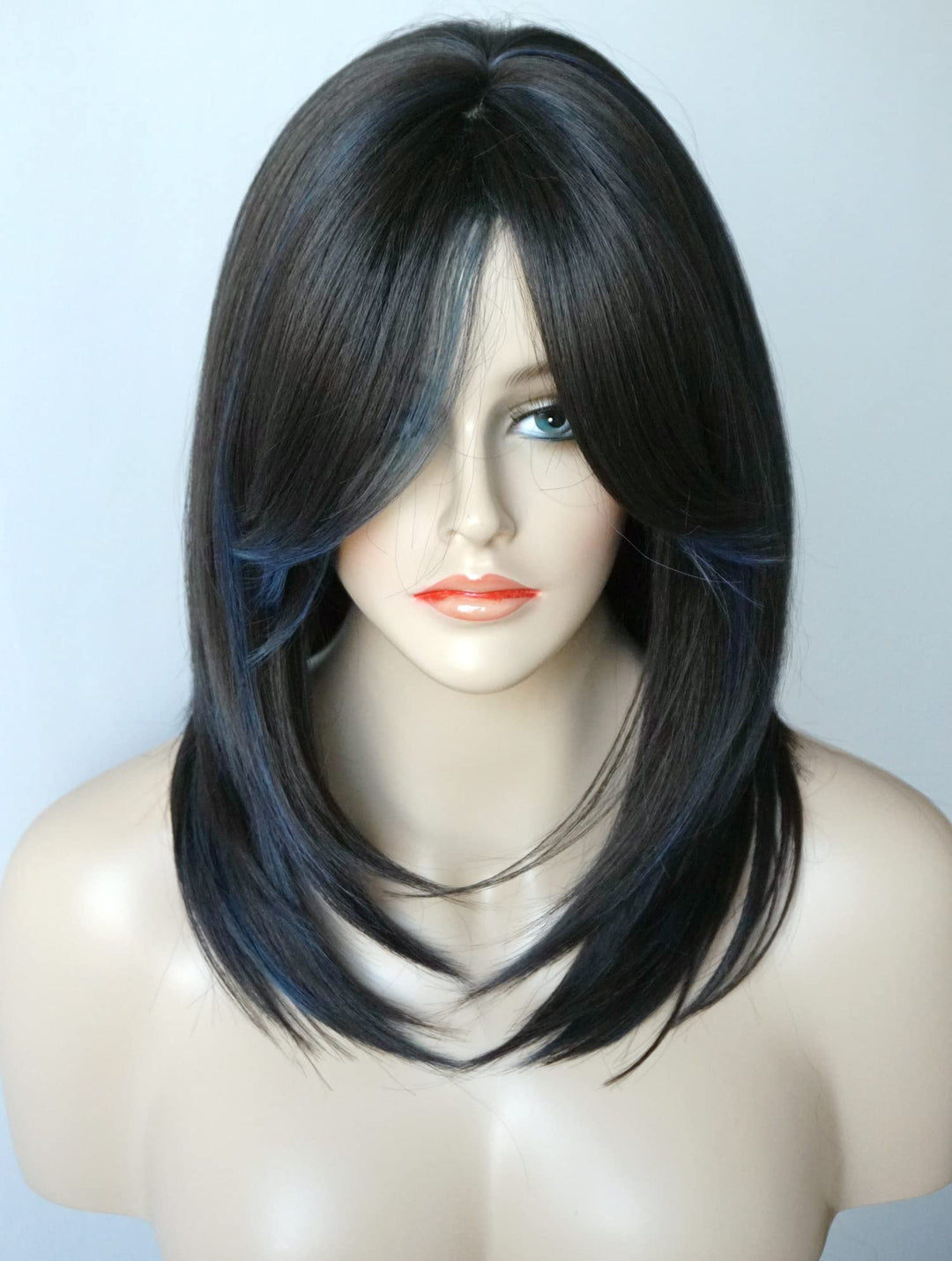 Medium Length Layered Wigs Black With Blue Highlight Wigs Layered Wig With Bangs Synthetic Wig For White Women (Black Blue Mixed