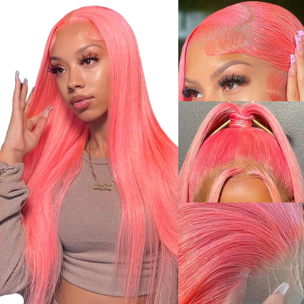 MUGOHK Pink Lace Front Wig Human Hair 32 Inch 13x4 Cotton Candy Pink Straight HD Lace Frontal Wig Human Hair Pre Plucked with Baby Hair Bubblegum Pink Lace Closure Human Hair Wig 150 Density for Women