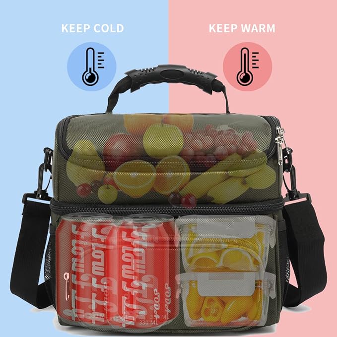 FlowFly Double Layer Cooler Insulated Lunch Bag Adult Lunch Box Large Tote Bag for Men, Women, With Adjustable Strap,Front Pocket and Dual Large Mesh Side Pockets