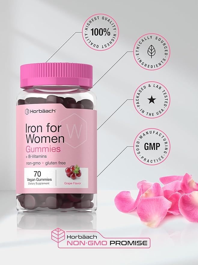 Horbäach Iron Gummies for Women | Supplement with B Vitamins | 70 Count | Grape Flavor | Vegan, Non-GMO & Gluten Free
