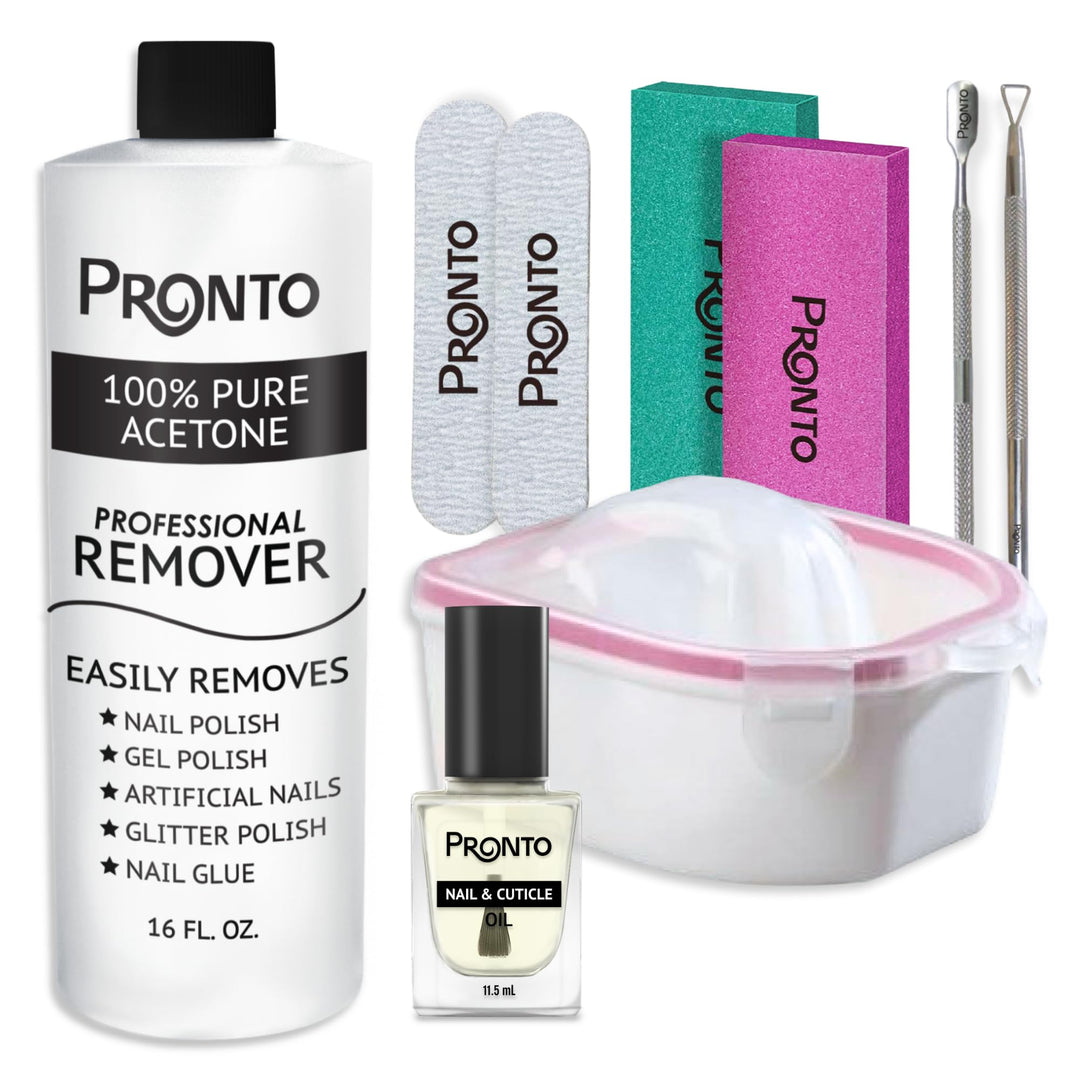 Pronto Gel Nail Polish Remover Kit - 16oz Pure Acetone, Nail Soaking Bowl, Moisturizing Cuticle Oil, Manicure Kit Including Gel Nail Polish Tools, Nail File, Nail Buffer, Cuticle Pusher & Nail Scraper