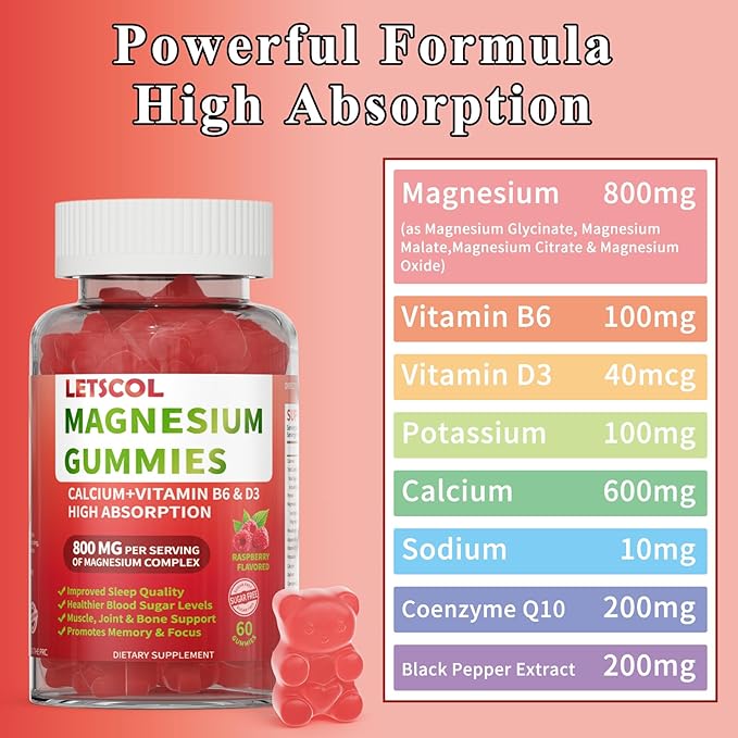 Magnesium Glycinate Gummies 800mg Per Serving, Sugar Free Magnesium Supplement with Magnesium Malate, Calcium, Vitamin D3, B6, CoQ10 for Calm Support & Sleep for Adults Kids