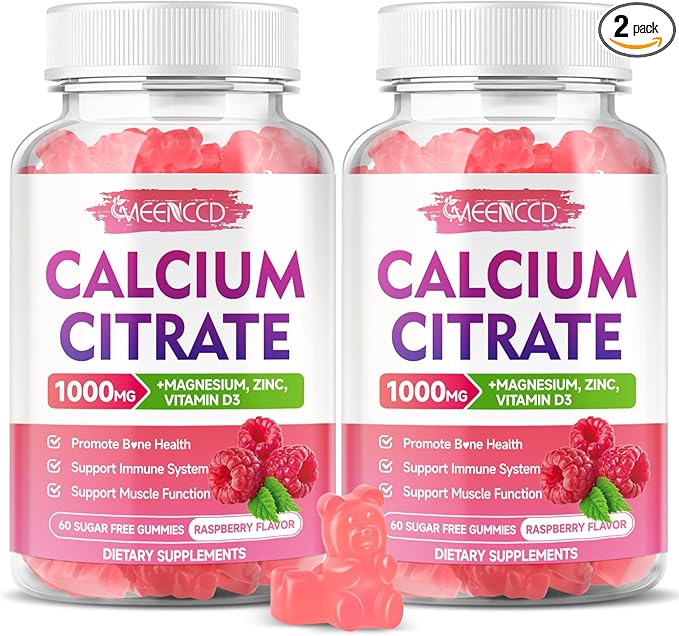 2 Pack Calcium Citrate Gummies 1000mg w/Vitamin D3, High Absorption Calcium Gummies for Women & Men, Plus Magnesium, Potassium, Zinc for Muscle & Immune, Raspberry Flavor, 120 Count