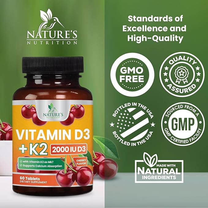Vitamin D3 K2 2000 IU Plus with K2 (MK-7) 75 mcg - Vitamins D & K Complex Supplement for Bone, Teeth, Muscle, Calcium Absorption, Supports Immune & Heart Health, Non-GMO Chewable Formula - 60 Tablets