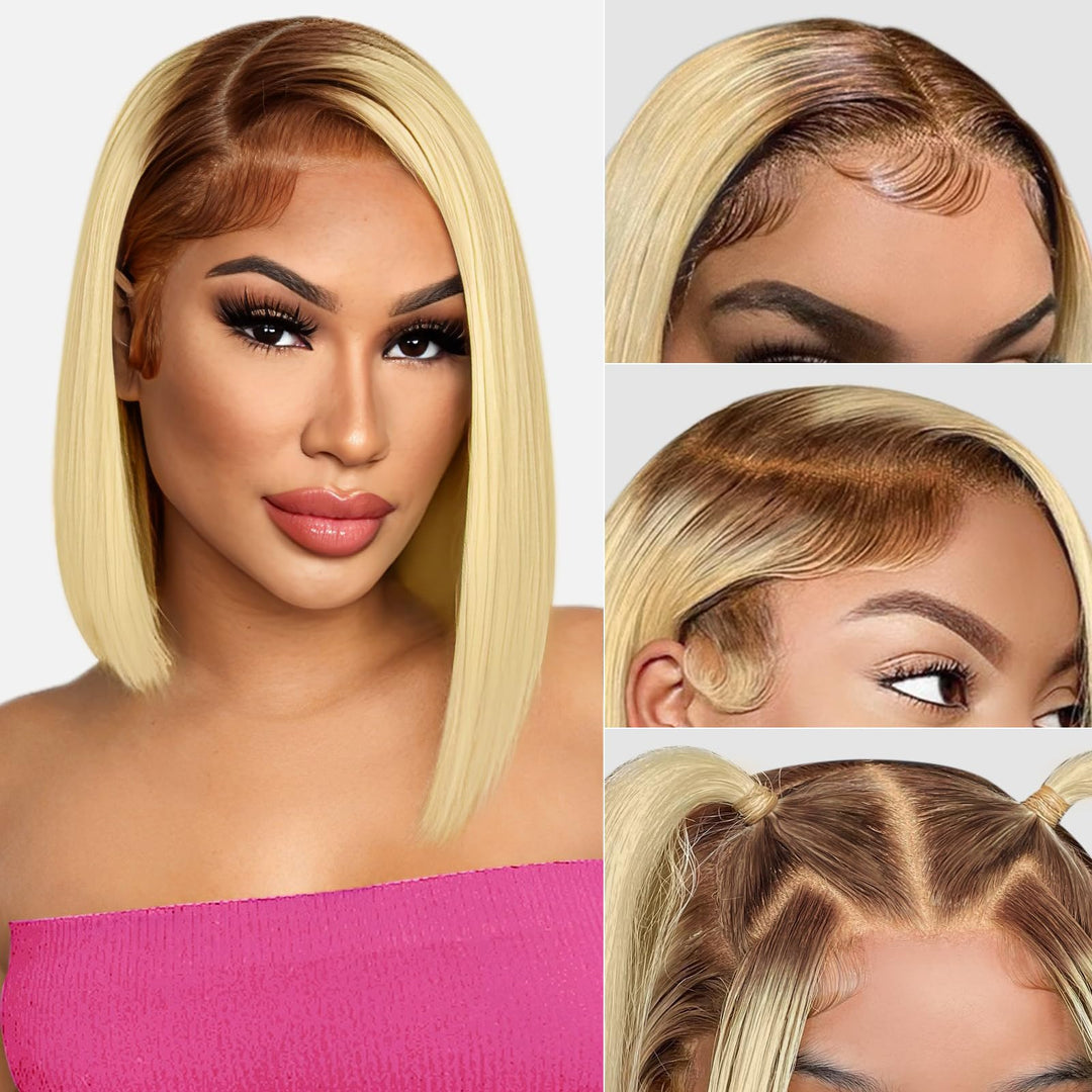 Hoacon 4/613 Bob Wig Human Hair 13X4 Bob Wig For Black Women With Baby Hair 180% Density Ombre Brown Roots Blonde Bob Front Wig