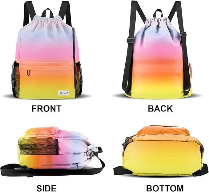 Drawstring Backpack with Mesh Pockets String Gym Bag Sackpack Sandproof Water Resistant Beach Backpack for Men Women