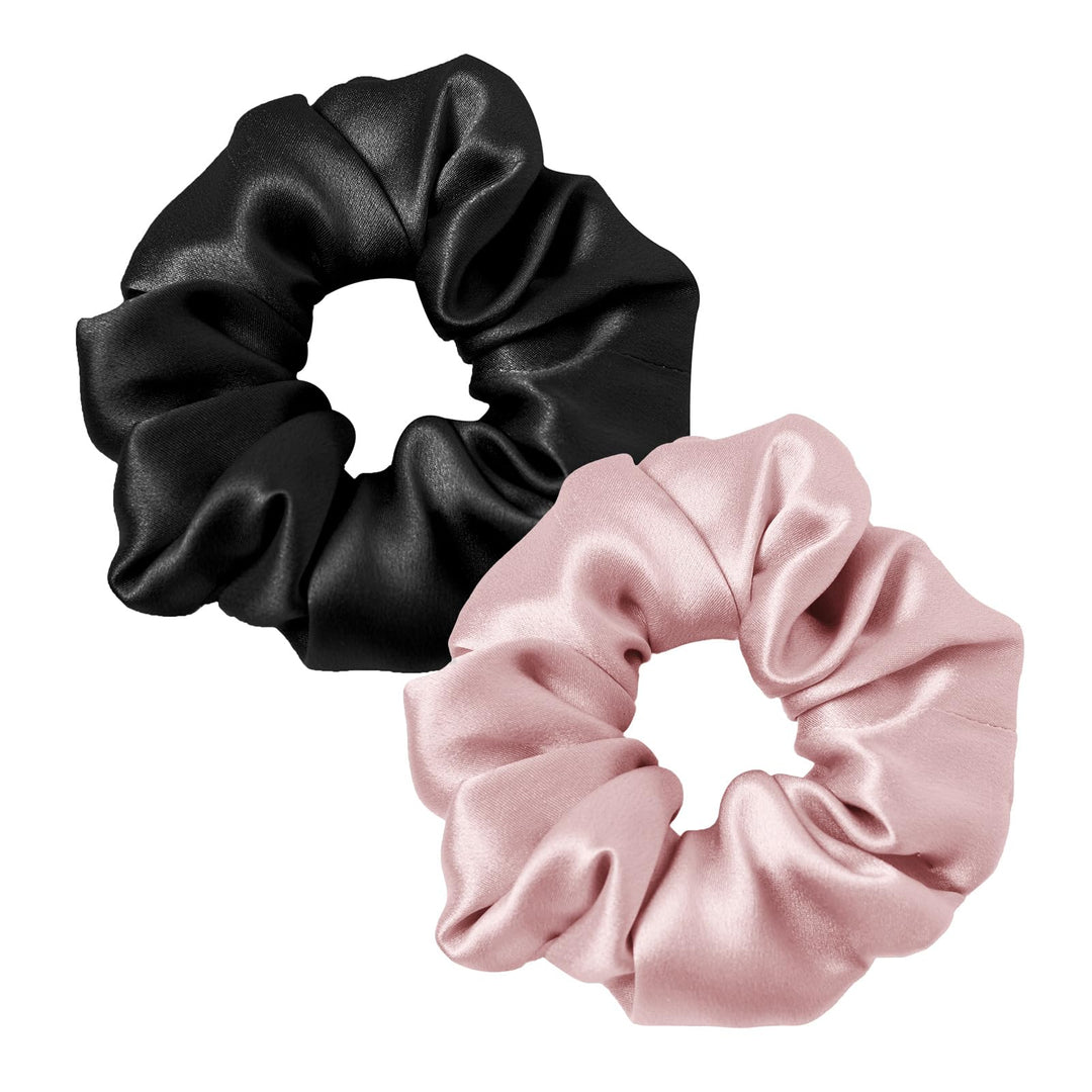 LILYSILK Silk Hair Scrunchies/Ties for Frizz & Breakage Prevention, 100% Mulberry, No Damage, Elastic ponytail Holders, 2Pc, Black&Rosy Pink