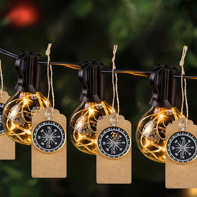 50 Sets Mini Compass Favors-Joyfulmap Compass Favors with Kraft Tags and Drawstring，Mini Compass Decorations for Weddings-Travel-Nautical-Birthday Themed Party Decorations(Golden)