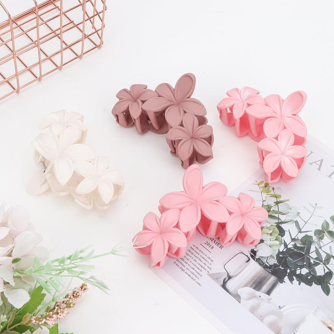 ANBALA Flower Claw Hawaiian Hair Clip, 4PCS Large Plumeria Hair Clips for Women, Non-Slip Strong Hold Clips for Thick Hair, Beach Hair Accessories (Pink, Gradient White, Dark Pink)