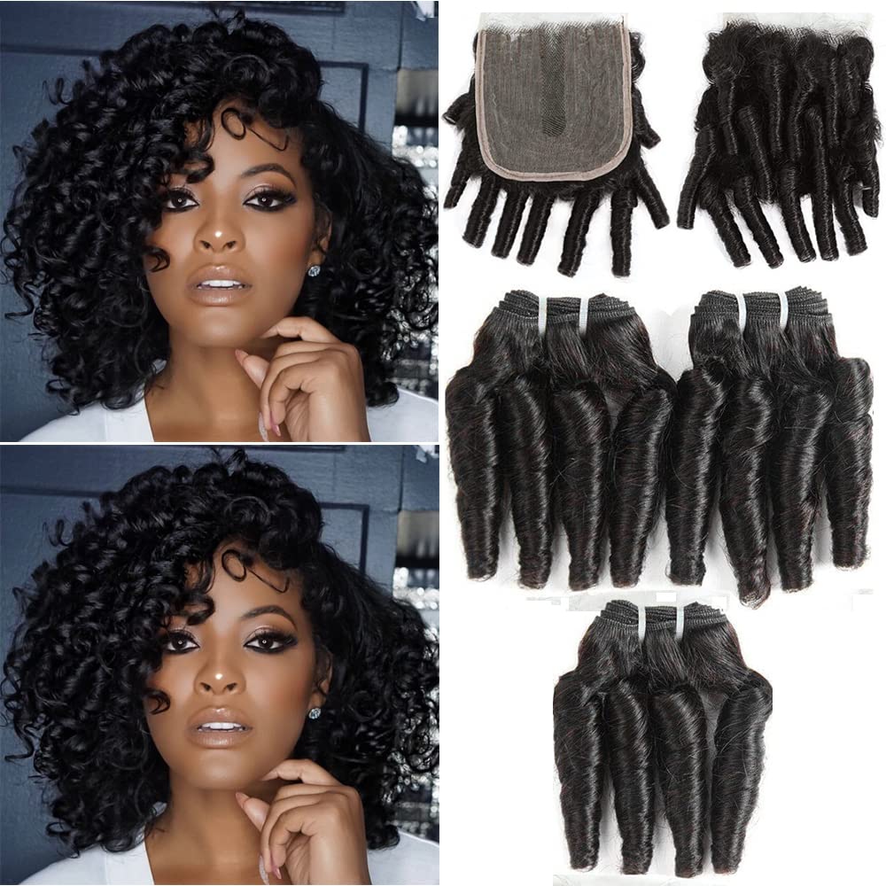 Molefi Brazilian Funmi Hair Curly Weave 3 Bundles With Lace Closure Spiral Curl Hair Bundles With 4X2 T Lace Closure 100% Human