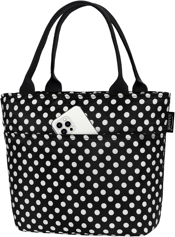 Aosbos Black Lunch Box for Women Lunch Bags for Adult Insulated Lunch Tote Bag Meal Prep Lunch Box Purse Lunchbox Portable Cooler Bag Bento Box Bag Loncheras Para Mujer, Polka Dot