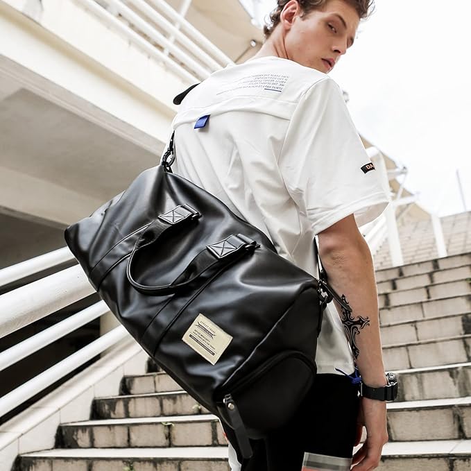 Sports Gym Tote Bag for Men & Women - Travel Duffel with Shoes Compartment & Wet Pocket, Shoulder Weekender Overnight Bag, Black