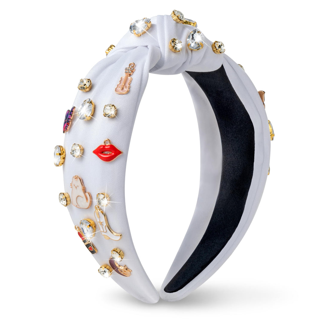 PANTIDE Music Jeweled Knotted Headband - Singer Fans Gift Guitar Red Lip Rhinestone Crystal Embellished Headband Wide Top Knot Fashion Hairband Birthday Back To School Gift for Women Girls (White)