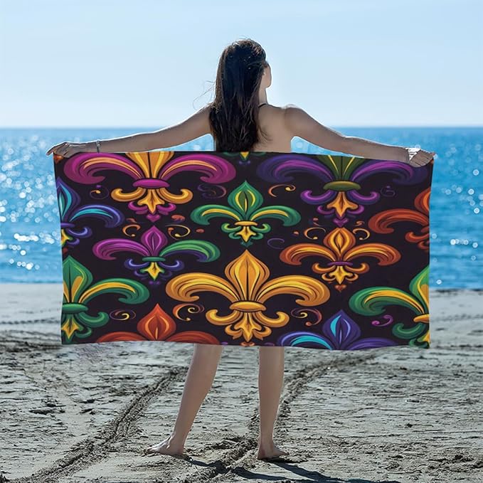 Colorful Mardi Gras Fleur De Lis Beach Towel Oversized Quick Dry Beach Blanket Microfiber Sand Free Absorbent Lightweight Bath Towel for Pool Travel Swimming Camping Women Men, 30" x 60"