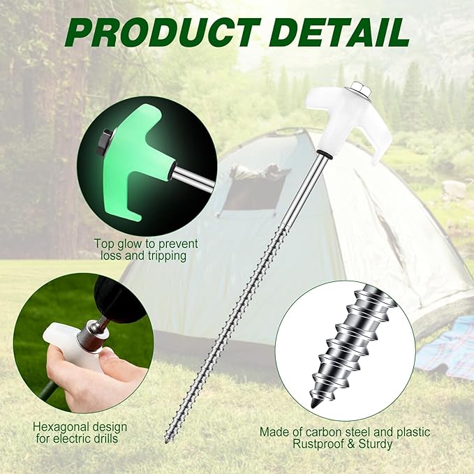 Hicarer 40 Pcs 8'' Screw in Tent Stakes Heavy Duty Ground Anchors Screw in Tent Pegs Ground Stakes Tent Spikes Metal Tent Spikes with Hex Head Driver for Camping Garden Canopies (Luminous White)
