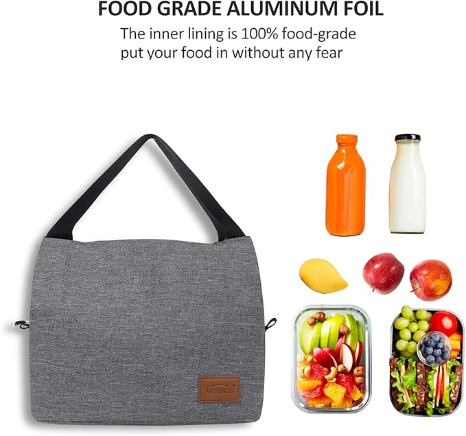Aosbos Insulated Lunch Bag for Women, Men & Adults - Small Lunch Box, Leakproof Tote Cooler Box for Work/Office/Picnic,loncheras para mujer loncheras para hombres，Gray