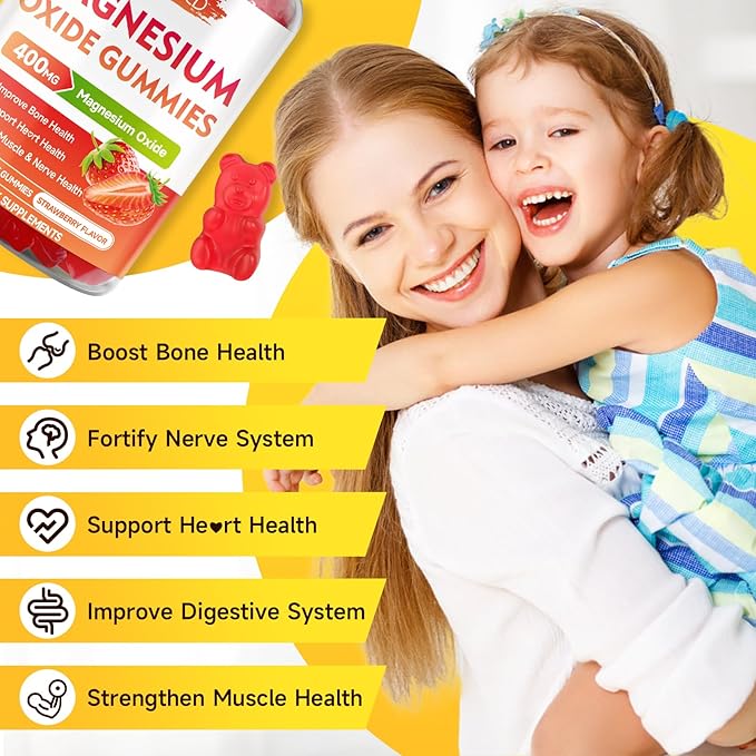 2 Pack Magnesium Oxide Gummies 400mg, Chewable Magnesium Oxide Supplement for Adults & Kids, Nerve & Muscle Support, Non-GMO, Sugar-Free, Strawberry Flavor, 120 Count