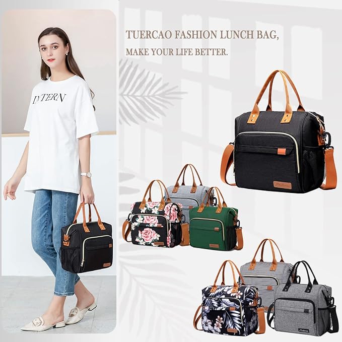 Black Lunch Box for Women Insulated Lunch Bag for Work - Adult Stylish Lunch Tote Bag for Shopping Soft Cooler for Beach Picnic Travel
